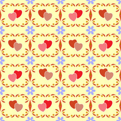 Yellow pattern with square of wavy line and hearts