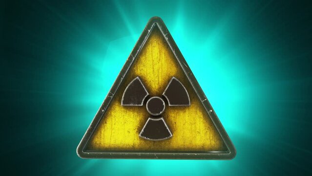 3D render animation of the radiation nuclear hazard symbol in a triangle on a blue background depicting the danger of nuclear contamination.