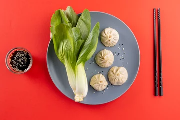 Foto op Aluminium Overhead view of asian dumplings, soy sauce, endive and chopsticks on red background © vectorfusionart