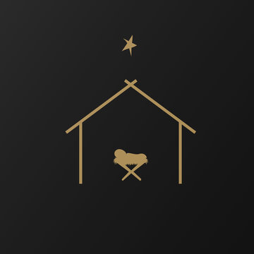 Christmas scene of baby Jesus in a manger in silhouette, Christian Christmas star with the text Birth of Christ, vector banner