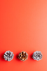 Overhead view of three pine cones and copy space on red background