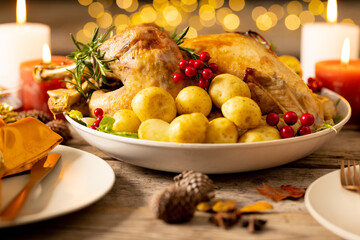 Thanksgiving table with roast turkey, potatoes, candles and autumn decoration