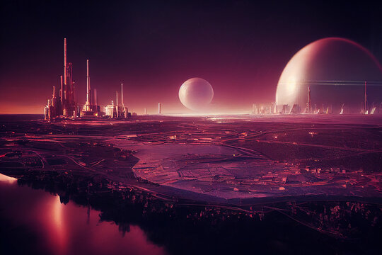 Futuristic Extraterrestrial Alien City Science Fiction 3D Art Illustration. Fantastic Planet Surface Sci-Fi Conceptual Background. CG Digital Painting AI Neural Network Generated Art Scenery Wallpaper