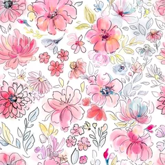 Fotobehang All over flower repeat background. Digital painted flowers in seamless arrangement. © Oru Type