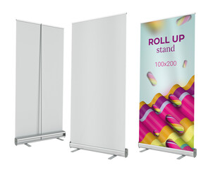 Roll Up banner stand 100х200. Colorful roll up on an isolated background. Mockup. 3D rendering