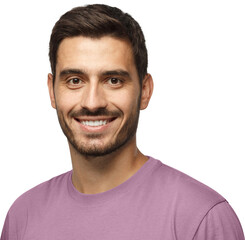 Headshot of young handsome european caucasian man wearing casual t-shirt, smiling happily