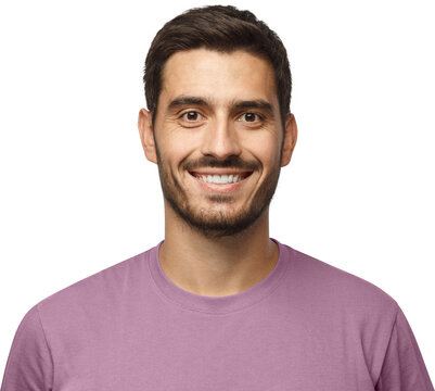 Close up portrait of young smiling handsome guy in t-shirt isolated