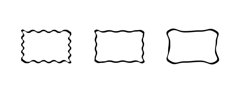 Rectangle frame set. Doodle wavy curve deformed textured frames. Border sketch. Vector illustration on a white background.