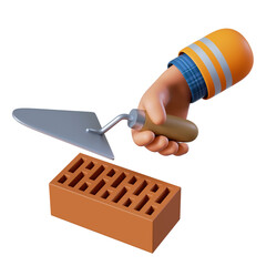 3d render, twisted elastic cartoon human hand holds trowel and red brick. Professional bricklayer holds building tool. Construction masonry clip art isolated on transparent background - obrazy, fototapety, plakaty