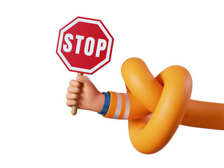 3d render, knotted elastic cartoon human hand holds stop sign. Warning clip art isolated on transparent background
