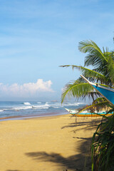 Fototapeta premium Paradise beach with yellow sand, palm trees and a boat in Sri Lanka, Hikkaduwa.