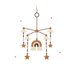 Boho baby mobile with rainbow. Hand drawn scandinavian hanging toy for newborn isolated on white background. Vector illustration in flat cartoon style.