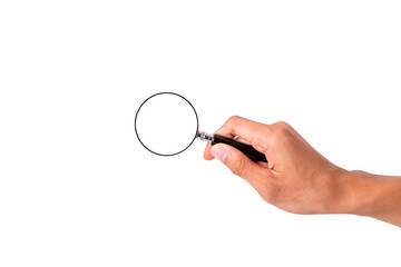 Hand holding a magnifying glass. Isolated on a White Background.