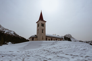 The snowy mountain of the Engadin, near the town of Sankt Moritz, Switzerland - March 2022