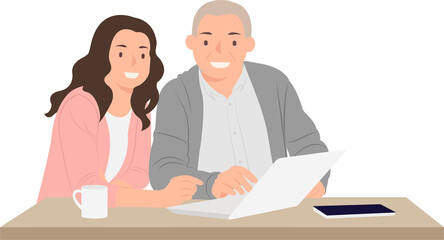 Cartoon daily life people character young woman teaching elder man using laptop