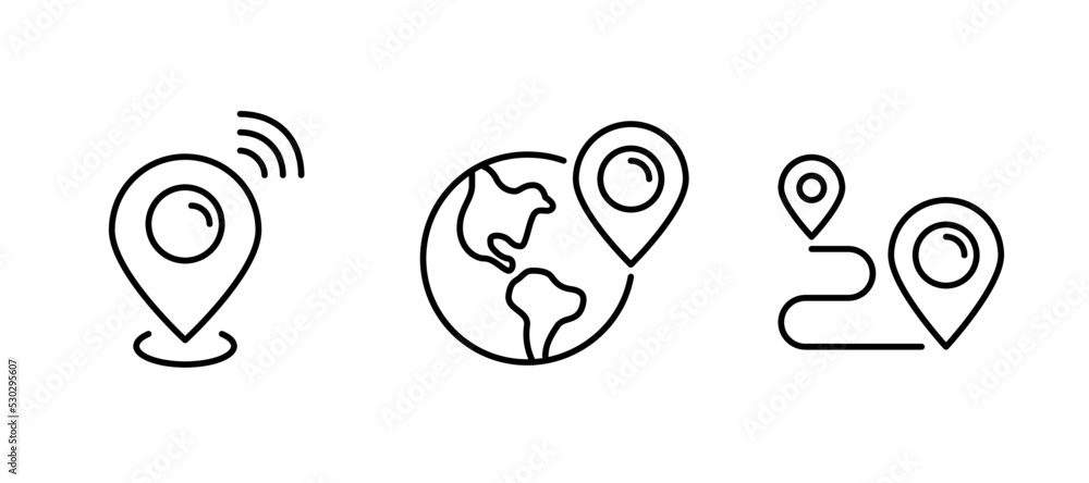Aufkleber set of map pointers showing location. pin on earth globe and path tracking. pixel perfect, editable 