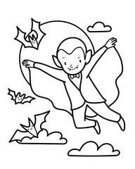 Vector with vampire flying on full moon background. Coloring page with funny Halloween character.