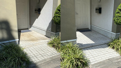 Before and after, washing an outdoor floor in gray granite bricks