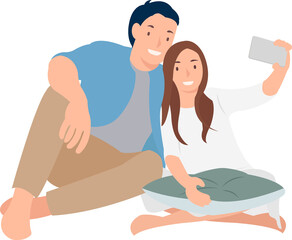 Obraz premium Cartoon daily life people character couple lover taking selfie with smartphone