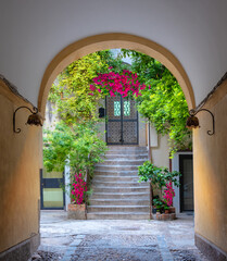 View of a house with arched medieval architecture with stairs and flowers in the window in Tuscani, Italy