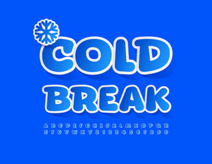 Vector creative poster Cold Break. Blue Sticker Font. Bright Alphabet Letters and Numbers set