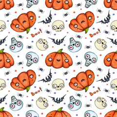 seamless marker pattern with cartoon pumpkins, skulls, bats and spiders on a white background.