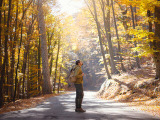 Fototapeta premium Young handsome man posing in autumn forest. young hipster guy with backpack , traveller standing in woods, Hiking, Forest, Journey, active healthy lifestyle, adventure, vacation concept.
