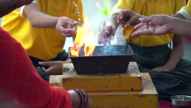 Sikar, Rajasthan, India -Sep 2022: Offerings in Havan Puja. Havan ceremony in hindu culture. Homa it also known as havan. this is a Sanskrit word, this is a part of worshipping to the God.