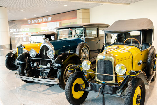 Moscow. Russia. February 2020. Exhibition of retro cars. Old Citroen Type C 5HP Torpedo car born in 1925 and old cars at the airport