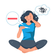 An unhappy woman with a negative pregnancy test result is sitting on the floor and crying