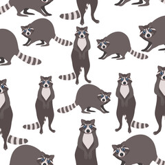 Seamless pattern of funny raccoons on a white background.Vector pattern can be used in textiles, paper, screensavers.