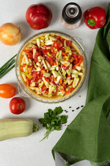 vegetable pie or pie with filling. Step by step recipe. Step 7 - preparation of a cheese pie, the filling is prepared. Soon the cook will put the cake in the oven for cooking.