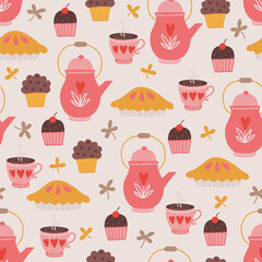 Autumn seamless pattern with teapot, cupcake, tea, pie, leaves