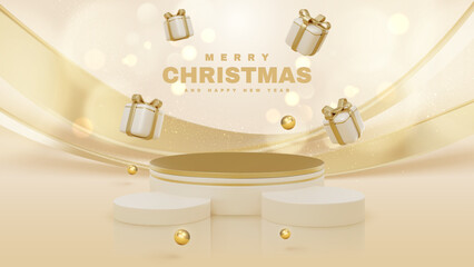 Product display podium with gift box decorations with golden ball and glitter light effect and bokeh elements. Merry christmas background and happy new year day concept.