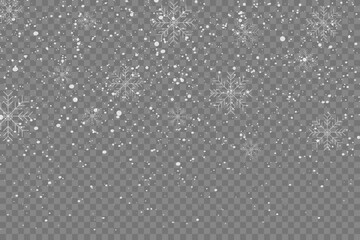 Heavy snowfall, Snowy background. White snowflakes fly in the air. White snow flies on transparent background. Christmas snow.