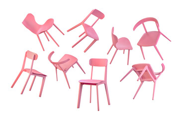 Flying isolated pink chairs with a hard seat in the air on a transparent white background. 3D rendering of furniture for sale. Realistic minimalist design.