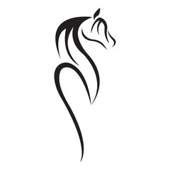 Silhouette of a horse in black in a flat style. Design suitable for horse farm or company logo, tattoo, poster, banner, t-shirt print. Isolated vector illustration