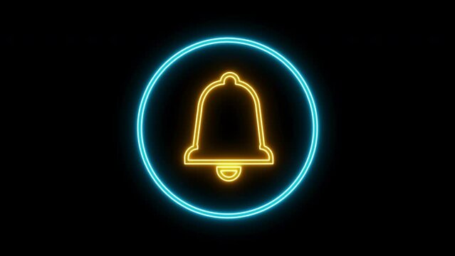 Glowing neon line light bell icon animation isolated on black background. 4k bell symbol reveal yellow blue color neon electric effect Glowing motion wipes Christmas jingle bell in glowing led light