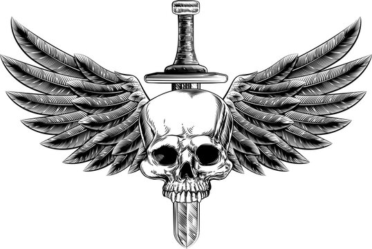 Woodcut Winged Skull Sword Insignia