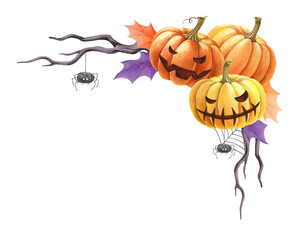 Halloween pumpkin scary face decor. Watercolor illustration. Halloween decoration with pumpkins, spiders, web, fallen leaves, dry tree branch. White background