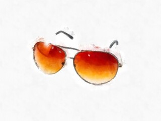 Tea colored sunglasses on a white background watercolor style illustration impressionist painting.