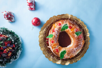 Spanish Christmas cake, Roscon de reyes , desert eaten in Spain for celebrate Epiphany or Dia de...