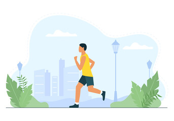 Man runs in the park. Sportsman is exercising outdoors. Sports training, active recreation, healthy lifestyle. Vector illustration