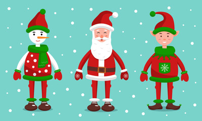 Set of cute winter characters for your design. Santa Claus and his helpers, a gnome and a snowman. Vector illustration