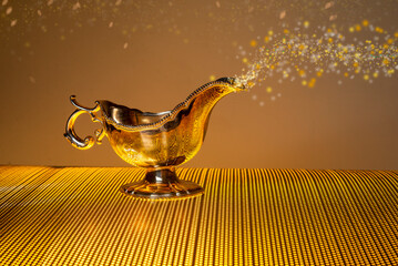 Lamp of wishes with Genie glitters Coming out from jar