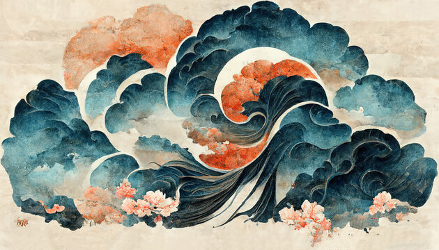 Traditional Japanese background with waves and flower texture. Oriental natural watercolor wave pattern in vintage style, suitable for banner, wallpaper or postcards. 3D illustration