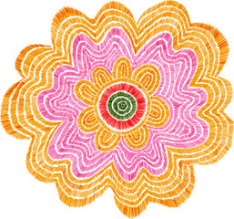 isolated flower embroidery. Chamomile botanical patch. Craft imitation of weaving and thread. Stripe flower. Handmade in macrame and crochet style. Embroidered fabric.