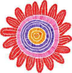 isolated flower embroidery. Chamomile botanical patch. Craft imitation of weaving and thread. Stripe flower. Handmade in macrame and crochet style. Embroidered fabric.