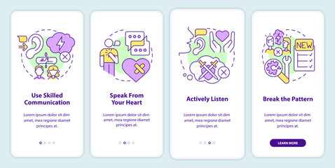 Fixing relationship after big fight onboarding mobile app screen. Walkthrough 4 steps editable graphic instructions with linear concepts. UI, UX, GUI template. Myriad Pro-Bold, Regular fonts used