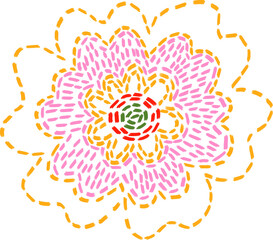 isolated flower embroidery. Chamomile botanical patch. Craft imitation of weaving and thread. Stripe flower. Handmade in macrame and crochet style. Embroidered fabric.	
